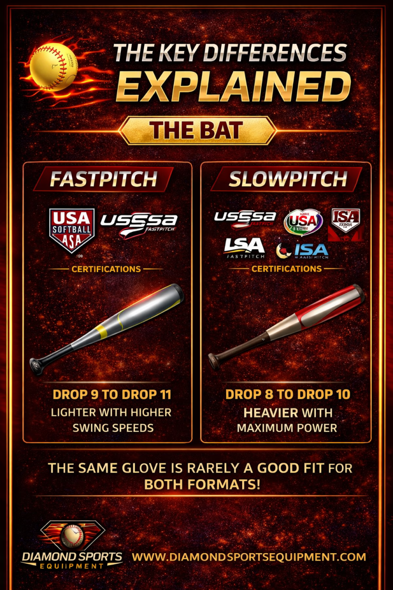 Softball bat comparison infographic showing certification differences and drop weight ranges for each format.