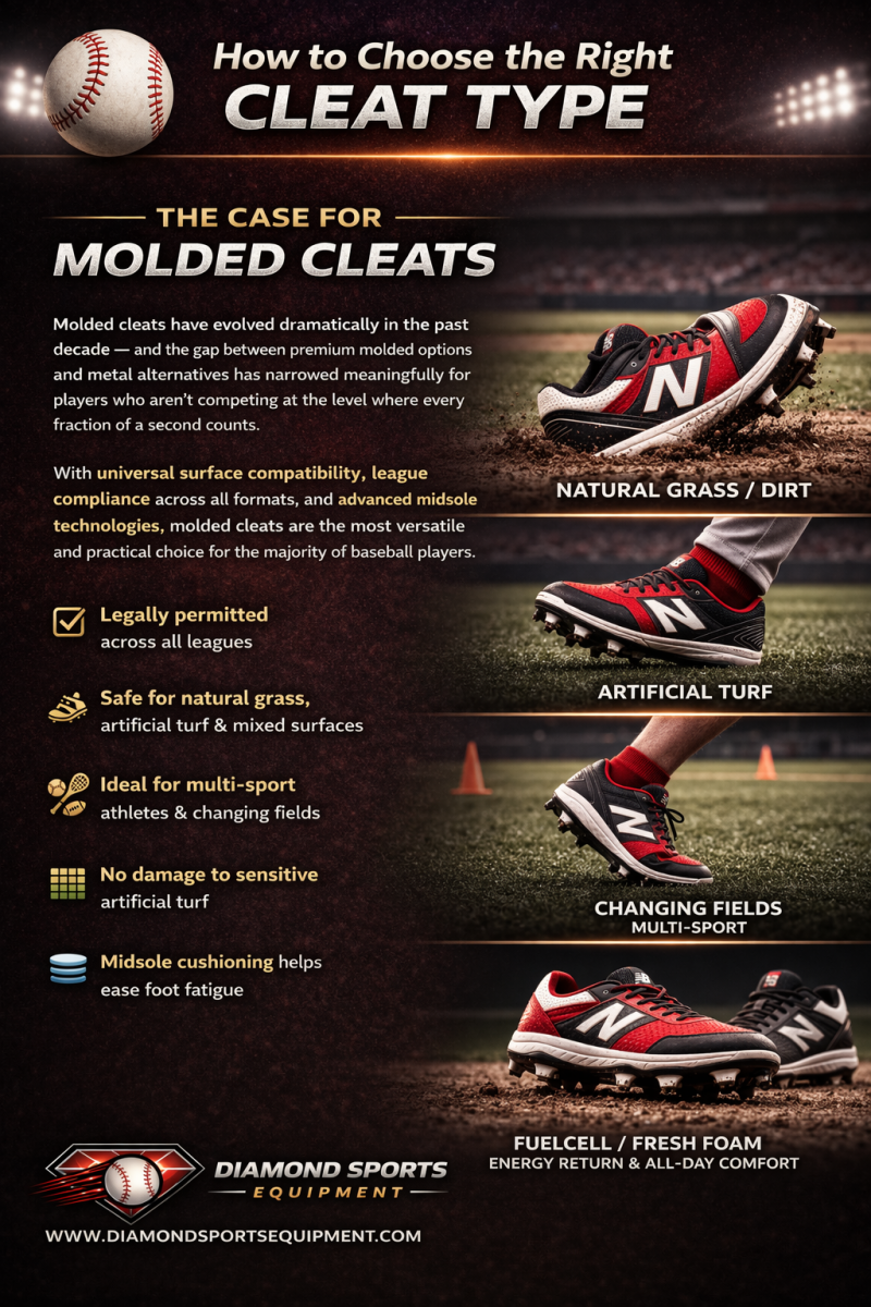 Molded baseball cleats infographic showing multi-surface performance and comfort advantages for players