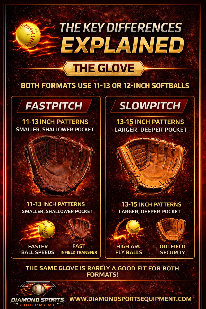 Softball glove size comparison infographic showing 11 to 13-inch fastpitch gloves and 13 to 15-inch slowpitch gloves.