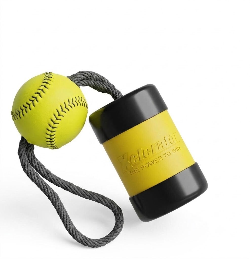 The Mini Xelerator 10u Fastpitch Softball Pitching Trainer - 11" Premium Leather Ball, an 11-inch leather softball with large raised seams mounted on a self-adjusting rope handle with a weighted end.
