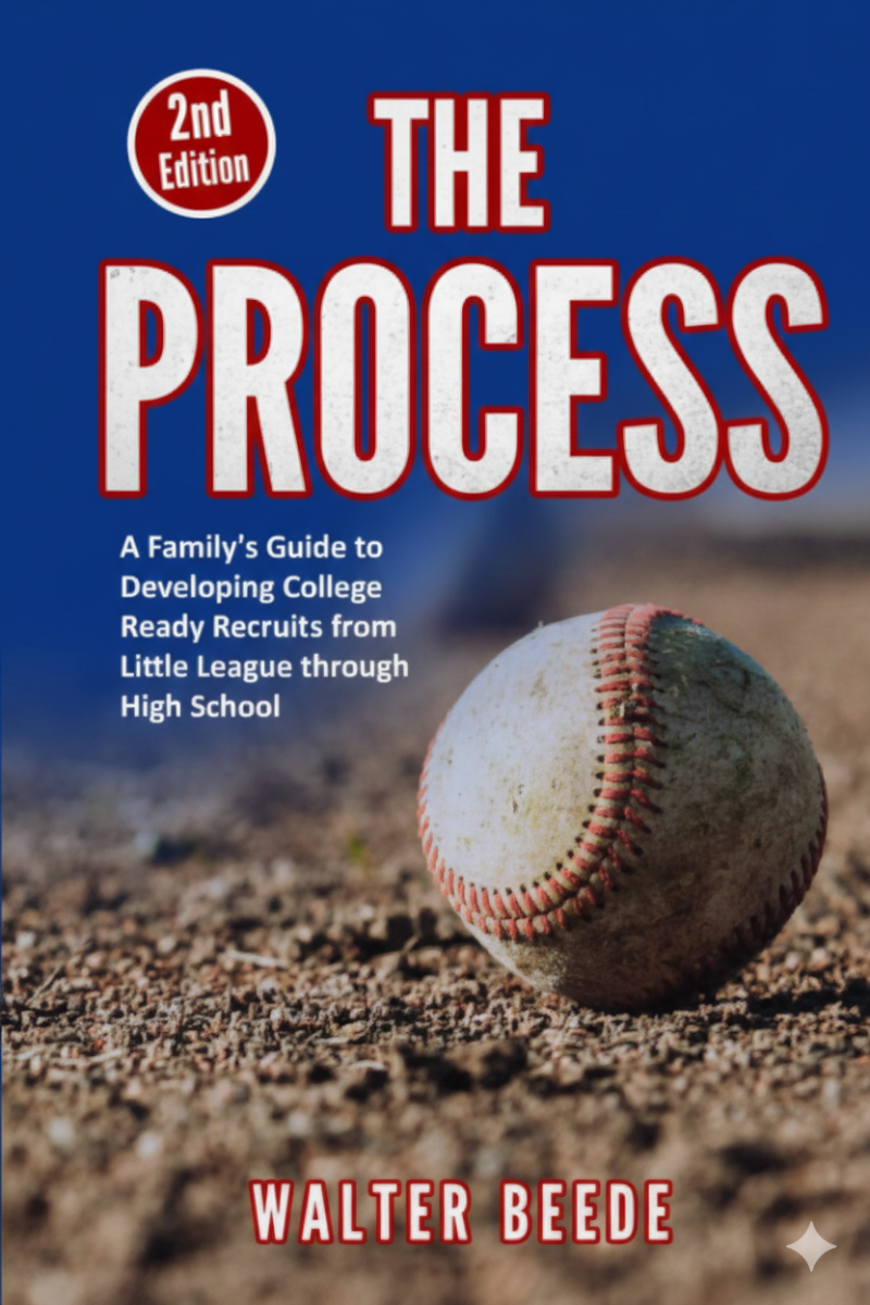The Process 2nd Edition book cover delivering the complete family framework for developing college-ready recruits from Little League through high school with recruiting timeline and academic preparation guidance.