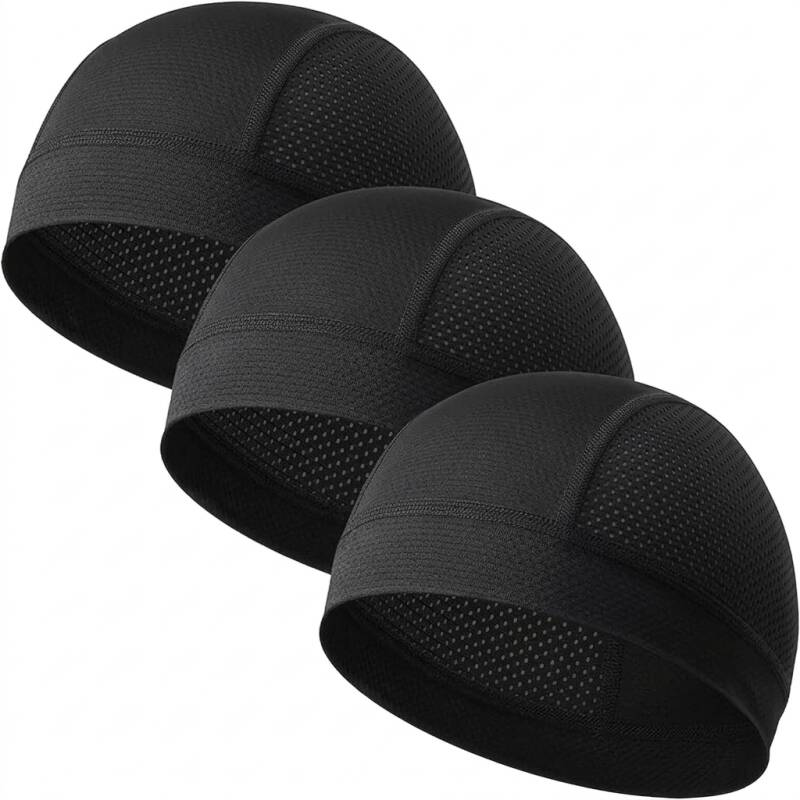 Helmet liner three-pack by THINDUST 3-Pack Breathable Mesh Skull Cap Sweat Control Helmet Liner in black for all-day moisture control under batting helmets.