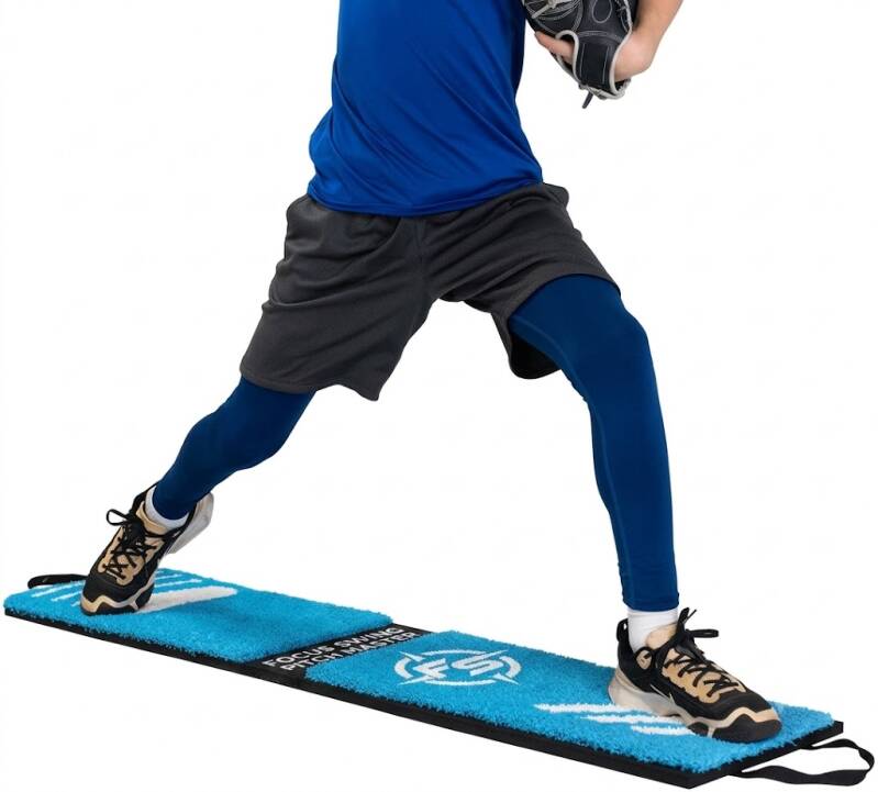 ThrowMo Trainer | The Original Stride-Direction Trainer, a narrow, slightly raised non-slip turf mat with woven-in stance and stride footprint markers.