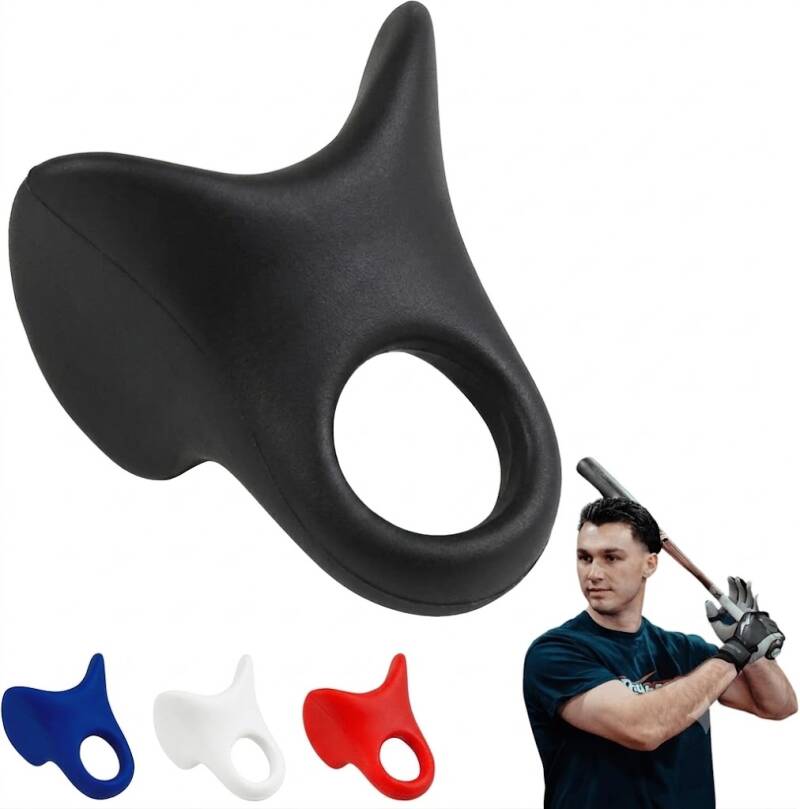 ThumbPRO anatomically designed black rubber baseball thumb guard showcasing proper fit and batting grip.