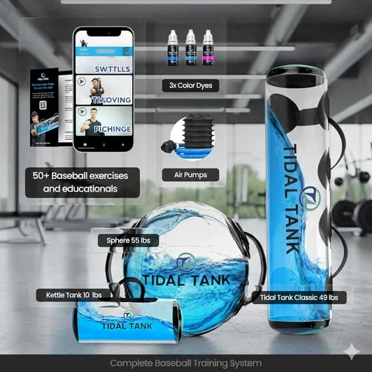 Tidal Tank Baseball Bundle 2.0 displayed showing its complete fluid resistance training implements and bundle packaging.