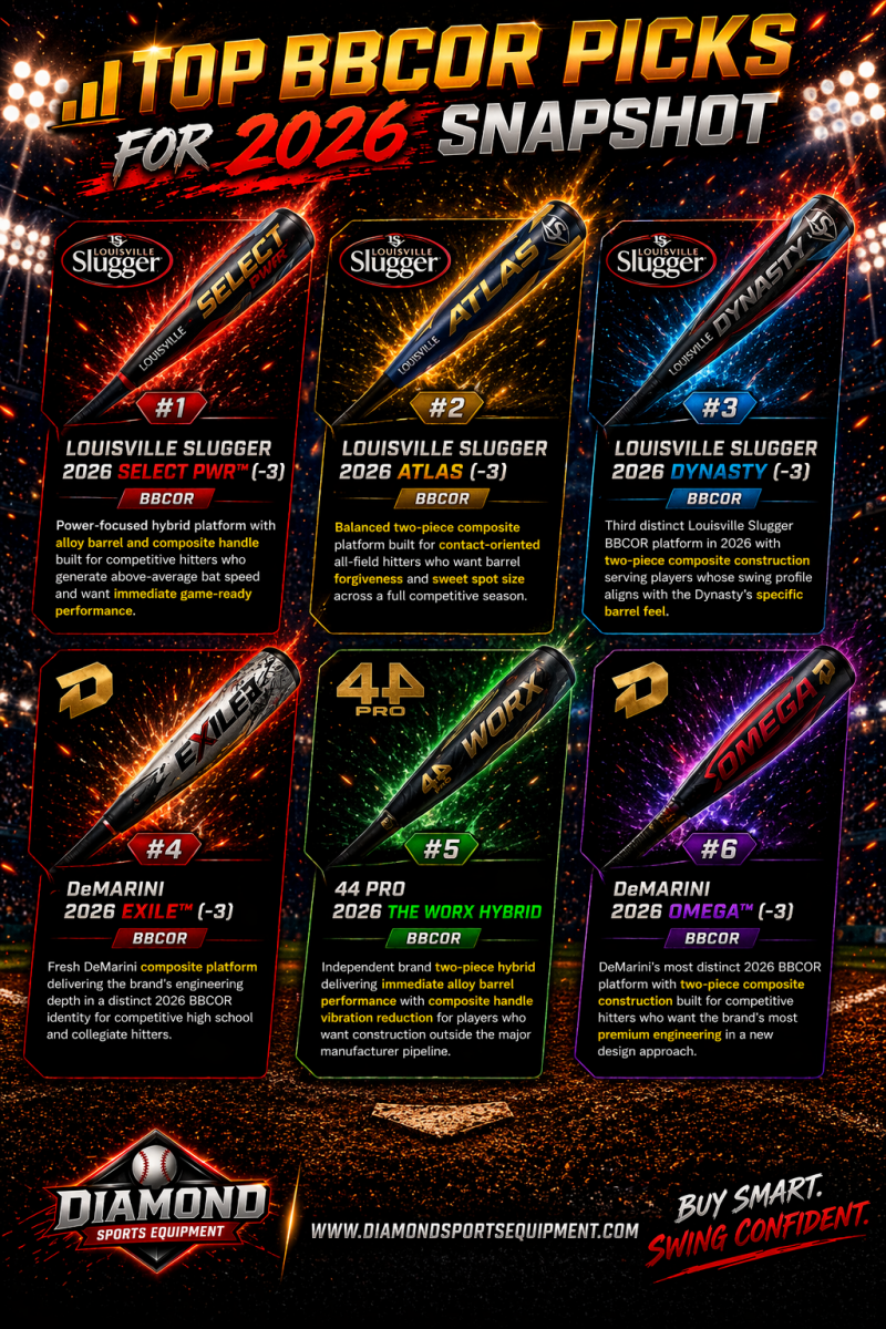 BBCOR bats snapshot infographic showing six top 2026 models with individual highlights, set in a fiery stadium design with Diamond Sports Equipment branding.