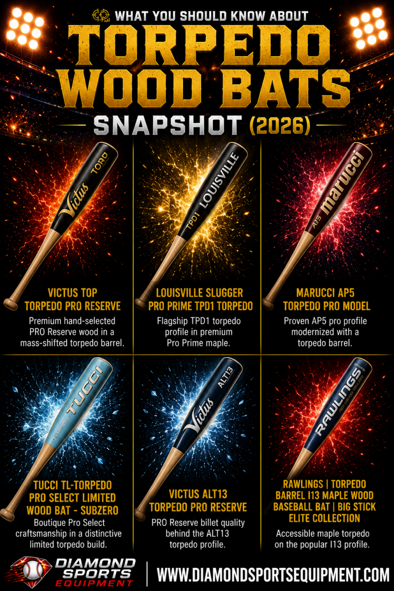 Torpedo wood bat comparison featuring Victus, Louisville Slugger, Marucci, Tucci, and Rawlings torpedo-style wood baseball bats.