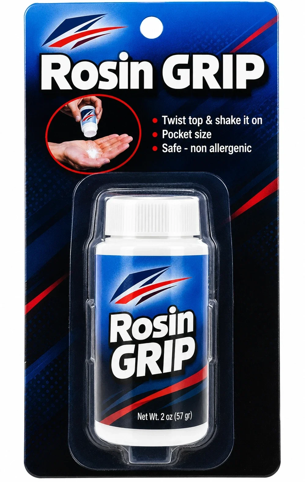 Rosin grip by Tourna, white shaker bottle in a clear blister on a blue card.