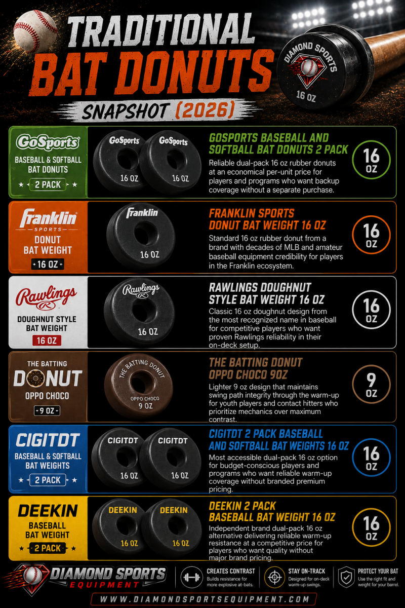 Traditional bat donuts comparison infographic featuring GoSports, Franklin Sports, Rawlings, The Batting Donut Oppo Choco, CIGITDT, and Deekin bat weights with dramatic stadium graphics and Diamond Sports Equipment branding.