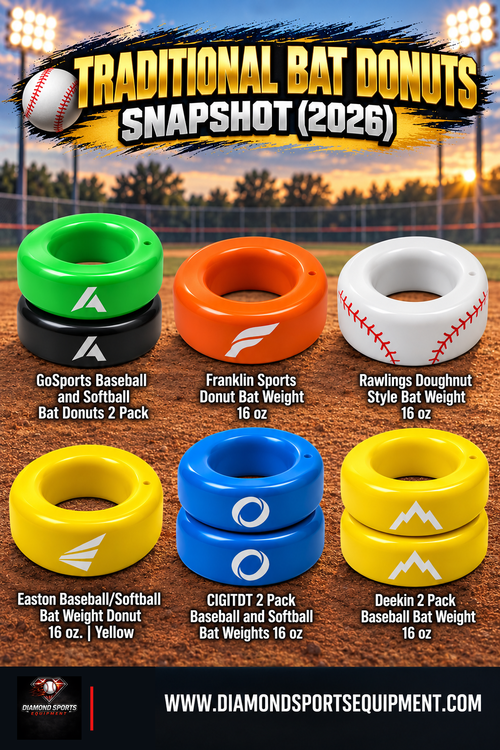 Traditional bat donuts comparison graphic featuring GoSports, Franklin Sports, Rawlings, Easton, CIGITDT, and Deekin bat weights.
