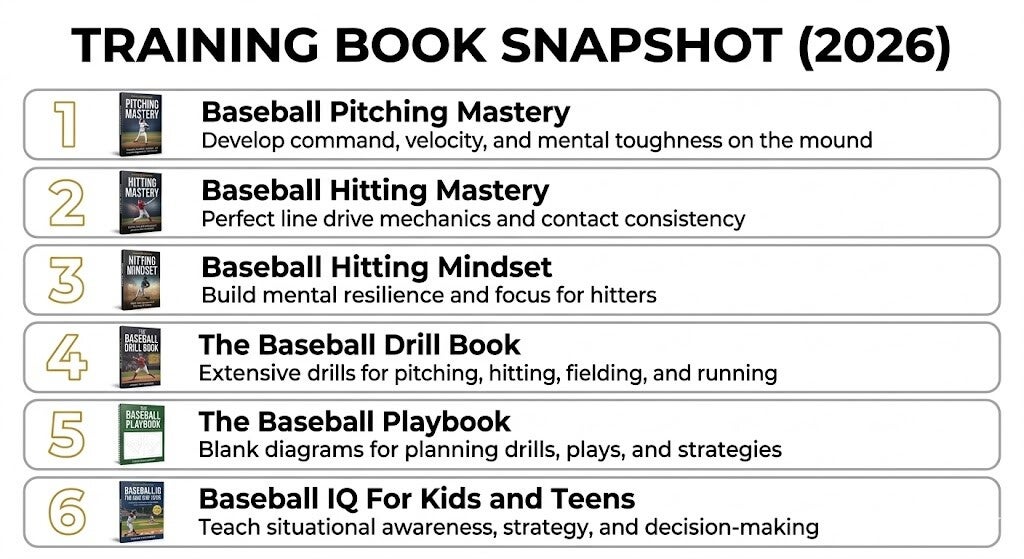 A summary table of baseball training books including Hitting and Pitching Mastery, The Baseball Drill Book, The Baseball Playbook, and Baseball IQ.