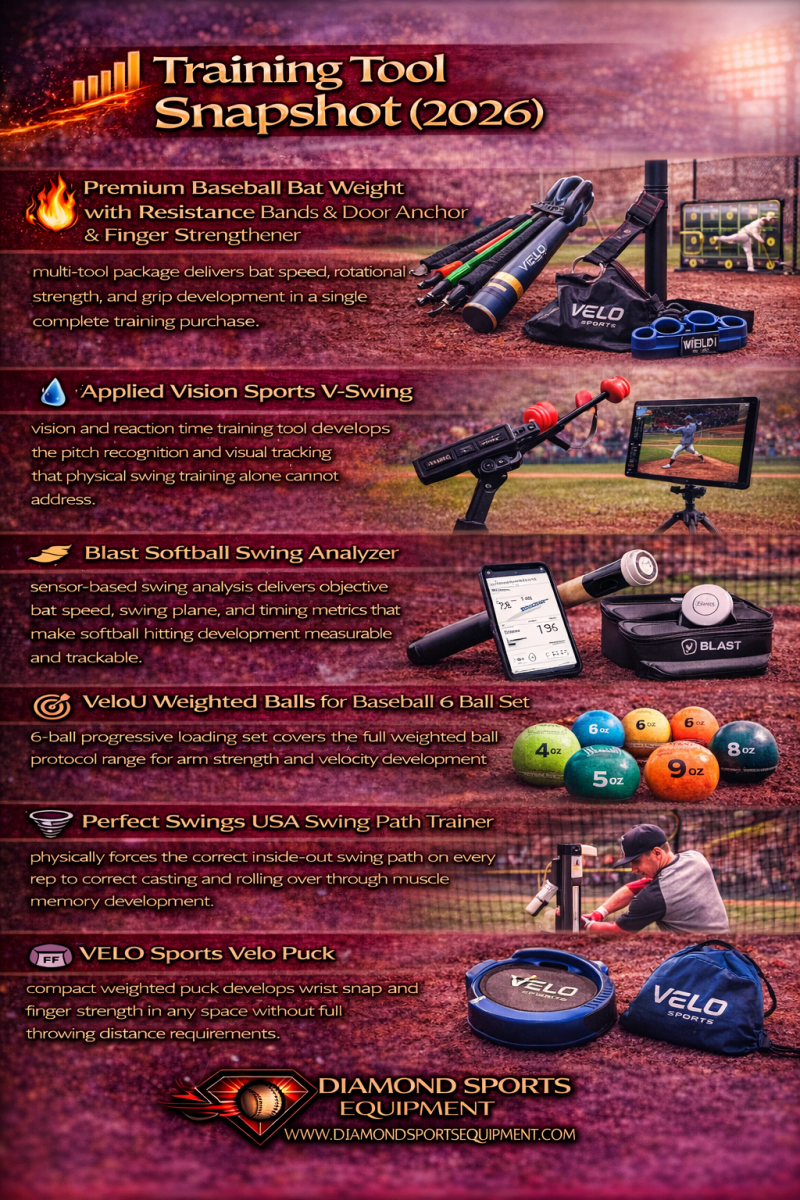 Comparison graphic featuring six baseball and softball training tools with performance-focused descriptions and Diamond Sports Equipment branding.