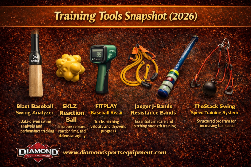 A summary table showing the Blast Baseball Swing Analyzer, SKLZ Reaction Ball, FITPLAY Radar Gun, Jaeger J-Bands, TheStack System, and Rope Swing Trainer.