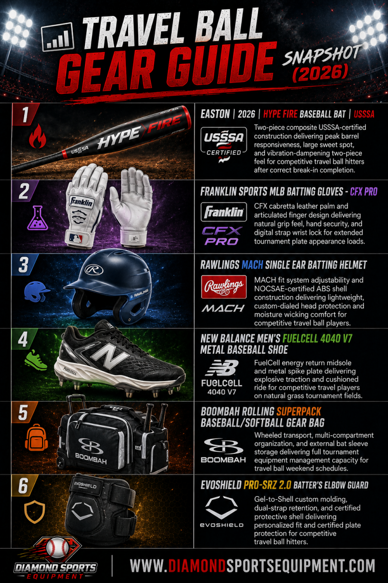 Easton Hype FIRE, Franklin CFX Pro, Rawlings MACH Helmet, New Balance FuelCell 4040 V7, Boombah Rolling Superpack, and EvoShield Pro-SRZ 2.0 featured in the Travel Ball Gear Guide Snapshot (2026).