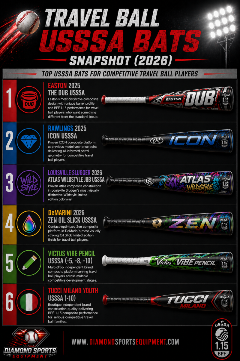 Travel ball USSSA bats snapshot infographic showing six bats in a structured layout with product names and Diamond Sports Equipment branding.