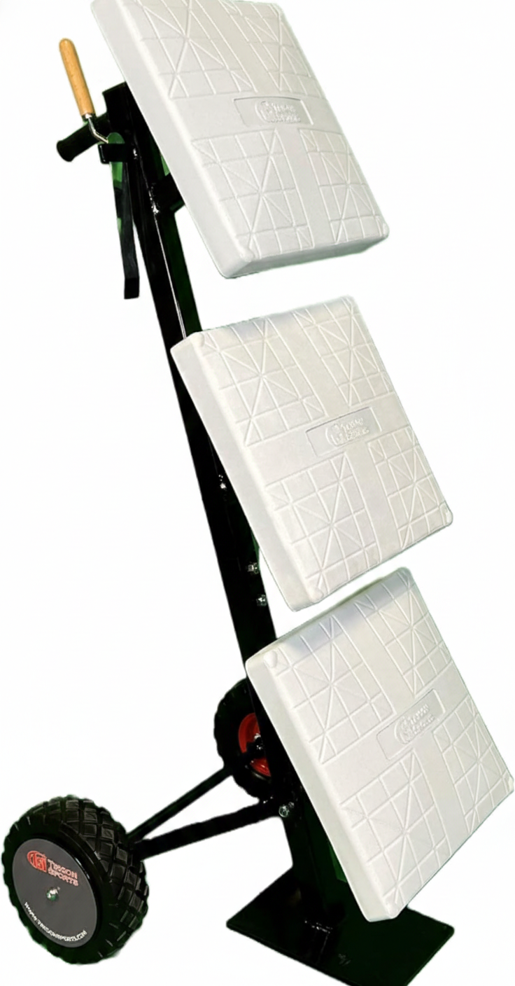 Wheeled caddy for transporting softball and baseball bases, durable and easy to maneuver.