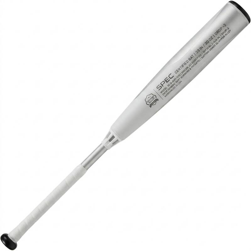 A white BBCOR baseball bat with a white grip and black knob features grey performance specifications on a clean white background.
