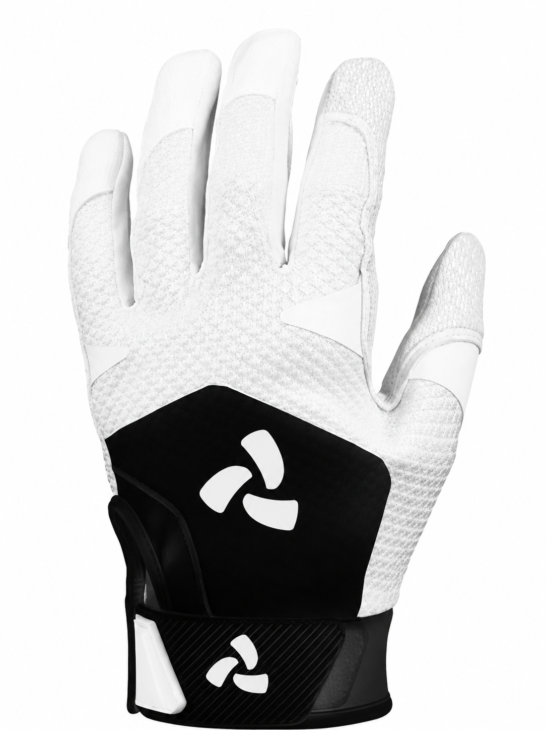 Batting gloves by Tucci, in white and black with mesh backs.