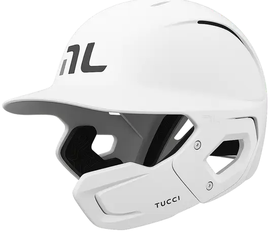 TUCCI Potenza Batting Helmet with Jaw Flap displayed showing its premium shell finish and integrated jaw flap construction.