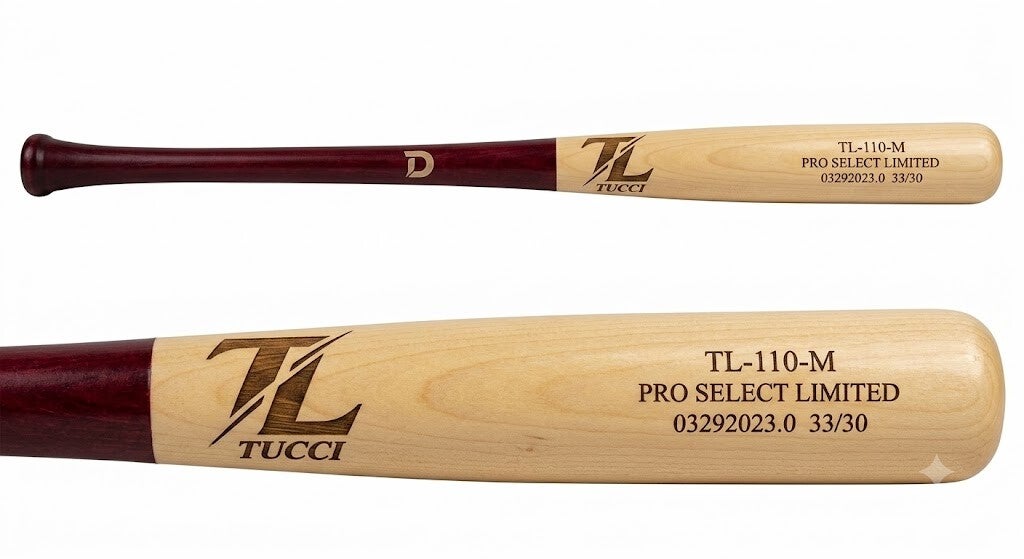 TUCCI TL-110 Pro Select Limited Wood Bat in natural wood with the Tucci logo, built on the 110 turn model.