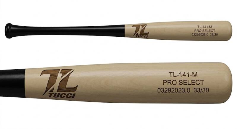 Tucci TL-141 Pro Select Wood Bat in natural wood with the Tucci logo, built on the 141 turn model.