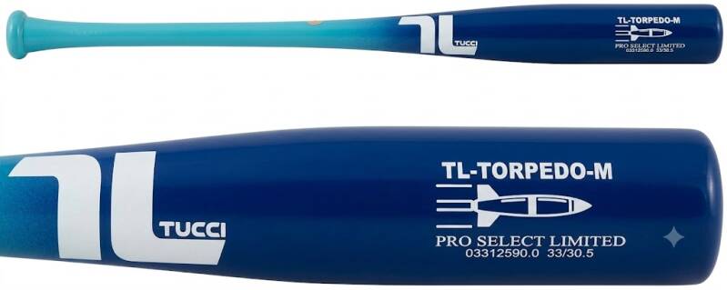 Tucci TL-Torpedo Pro Select Limited Wood Bat - Subzero in a dark finish with the Tucci logo and torpedo barrel shape.