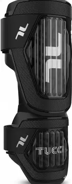 TUCCI Verona integrated hard shell elbow and forearm guard in black with ribbed shell construction and adjustable strap built for competitive high school and adult players.