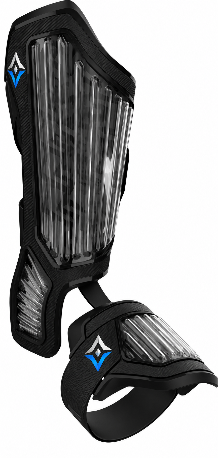 Baseball leg guard by Tucci, in black with clear ribbed shields.