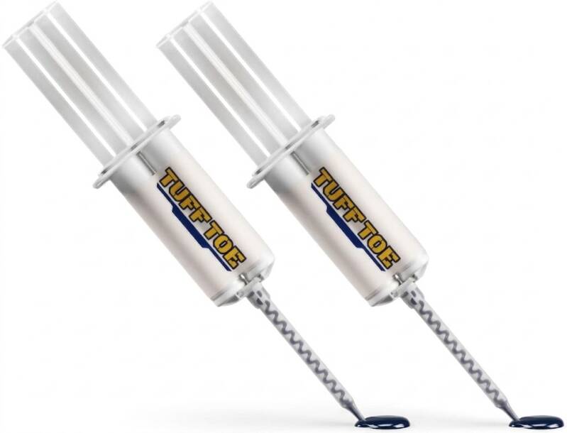 Tuff Toe Pro Cleat Saver liquid shoe glue protector, two-pack syringe applicators for extending cleat toe life.
