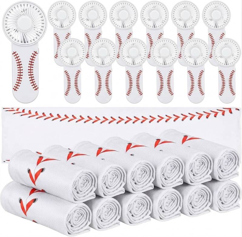 Tujoe 24 Pcs Sport Gifts, a set of colorful microfiber cooling towels paired with battery-powered handheld fans on lanyards.