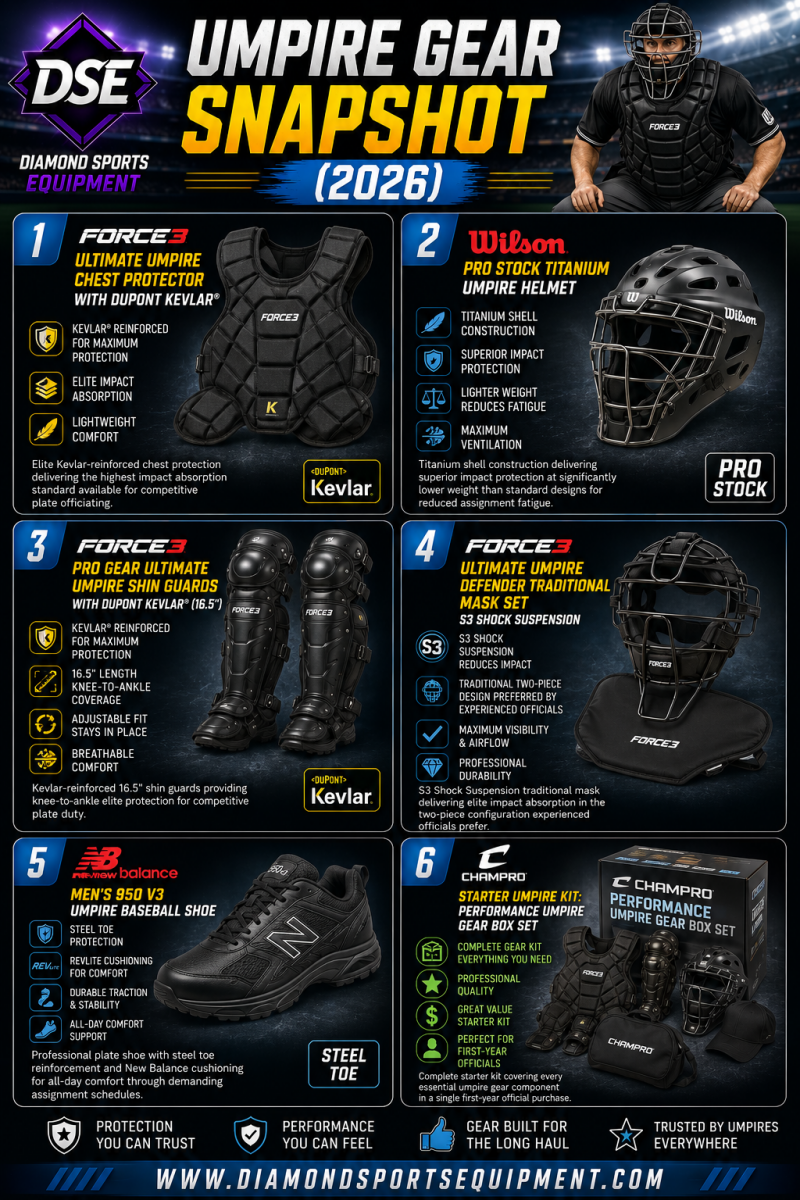Umpire Gear Snapshot (2026) featuring umpire chest protectors, titanium umpire helmets, Kevlar shin guards, traditional umpire masks, plate shoes, and starter umpire gear kits.