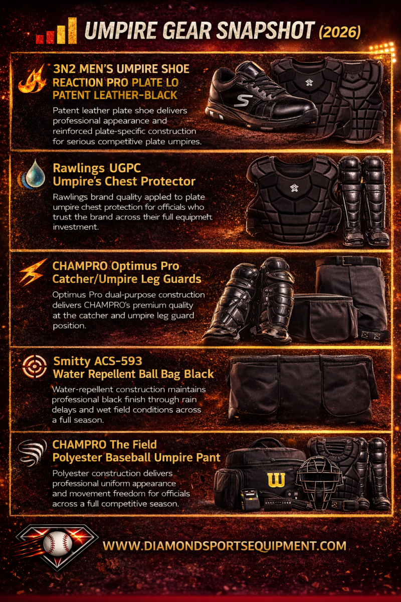 Comparison graphic showing six umpire gear items including plate shoes, chest protector, leg guards, ball bag, pants, and full kit, with performance-focused descriptions and Diamond Sports Equipment branding.
