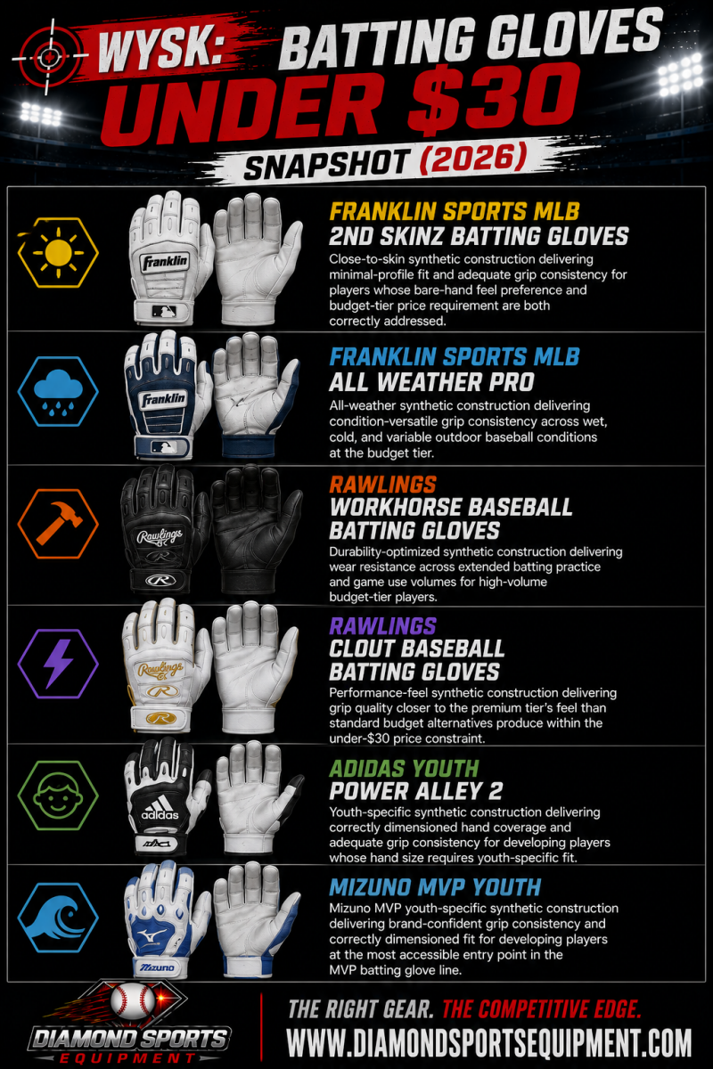 Batting Gloves Under $30 Snapshot (2026) infographic featuring Franklin Sports MLB 2nd Skinz, Franklin Sports MLB All Weather Pro, Rawlings Workhorse, Rawlings Clout, adidas Youth Power Alley 2, and Mizuno MVP Youth.