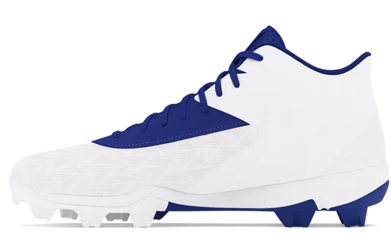 Under Armour Boys' Leadoff Mid RM JR 3.0 Baseball Cleats with molded rubber outsole and mid-cut upper delivering compliant traction and ankle support for youth baseball players.