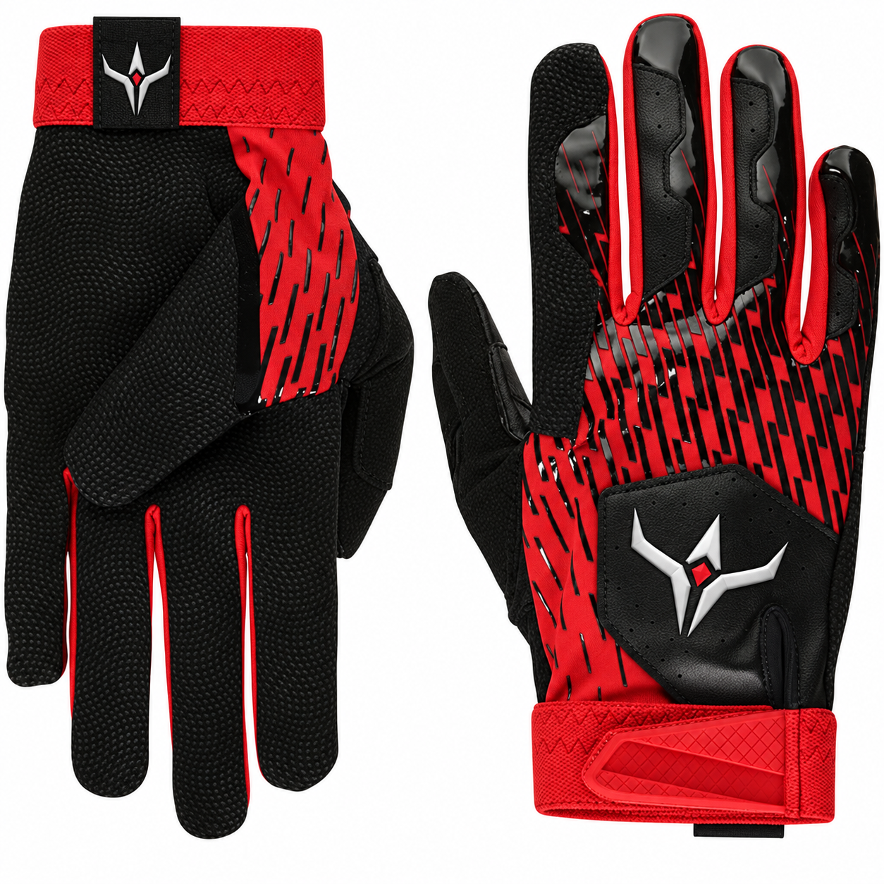 Batting gloves by Under Armour, in black and red with a wrist strap.