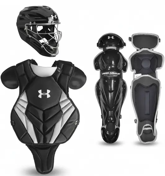 Under Armour Converge Victory Series NOCSAE Certified Youth Catcher's Set displayed showing its age-specific 9-12 certified construction across all three matched components.
