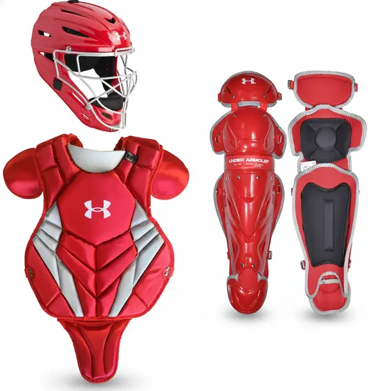 Under Armour Converge Victory Series NOCSAE Certified Youth Catcher's Set displayed showing its intermediate 12-16 age-specific certified construction across all three matched components.