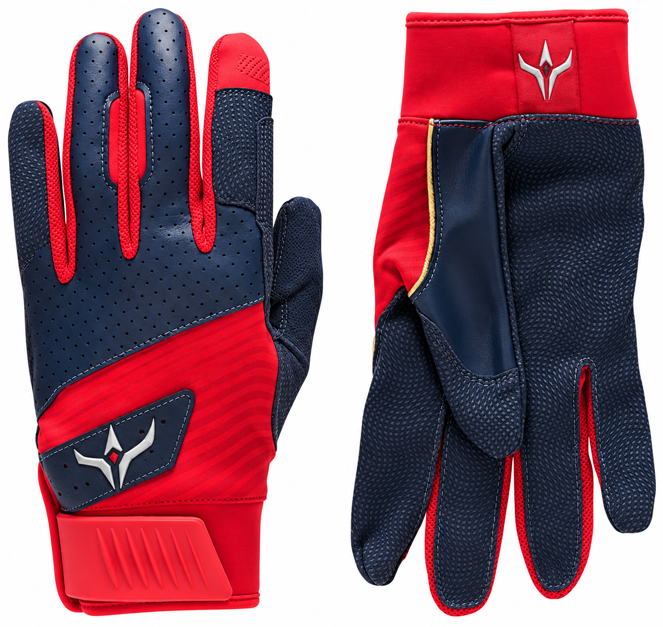 Batting gloves by Under Armour, in navy and red with perforated backs.