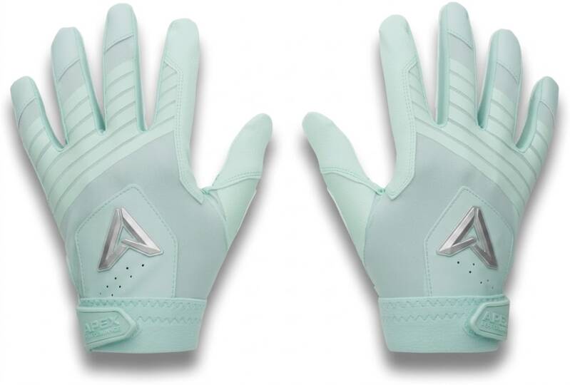 Pair of mint green batting gloves with silver triangular logos on a white background.