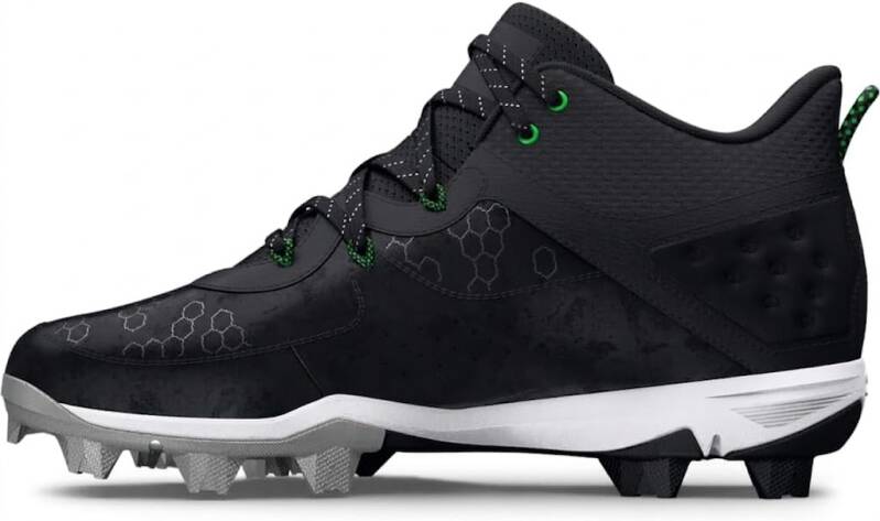 Mid-cut molded rubber baseball cleat with Harper signature series construction and UA cushioning for versatile multi-surface traction with ankle support.