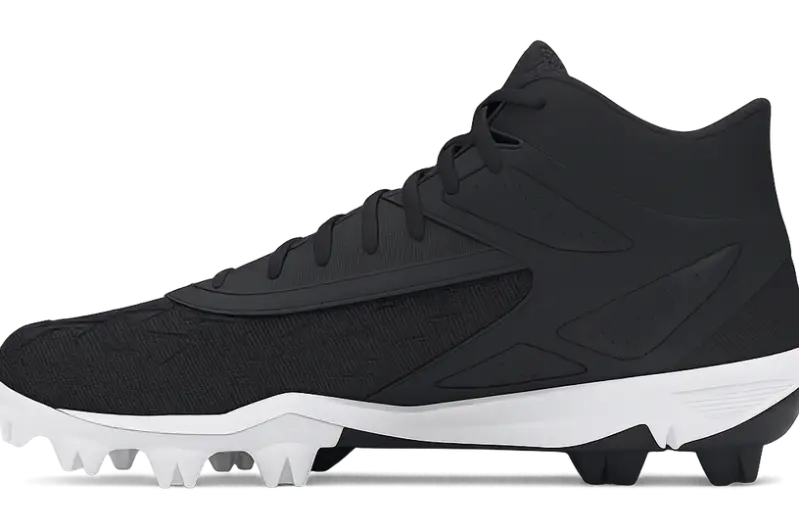 The Under Armour Men's Leadoff Mid 3.0 Baseball Cleat displayed in its mid-cut ankle support construction for catchers and corner infielders on a baseball field surface.