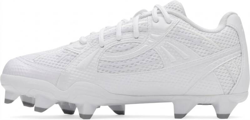A white-on-white softball cleat featuring a textured mesh upper and molded white spikes with grey tips.