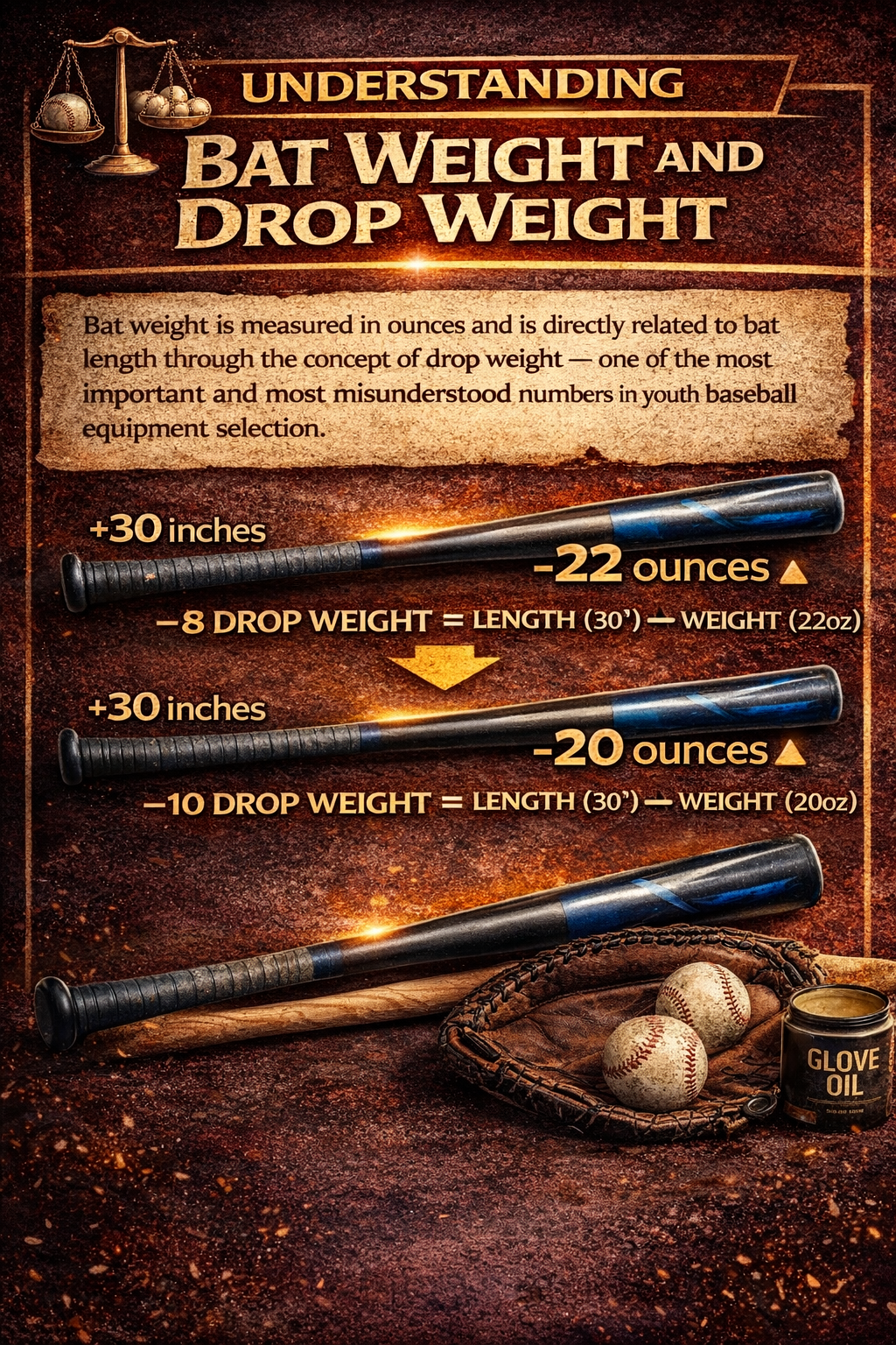 Infographic explaining baseball bat drop weight using bat length and ounce comparisons.