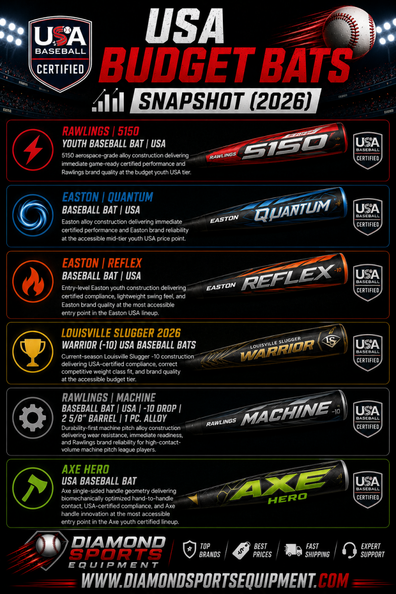 Rawlings 5150, Easton Quantum, Easton Reflex, Louisville Slugger Warrior, Rawlings Machine, and Axe Hero featured in the USA Budget Bats Snapshot (2026) infographic.