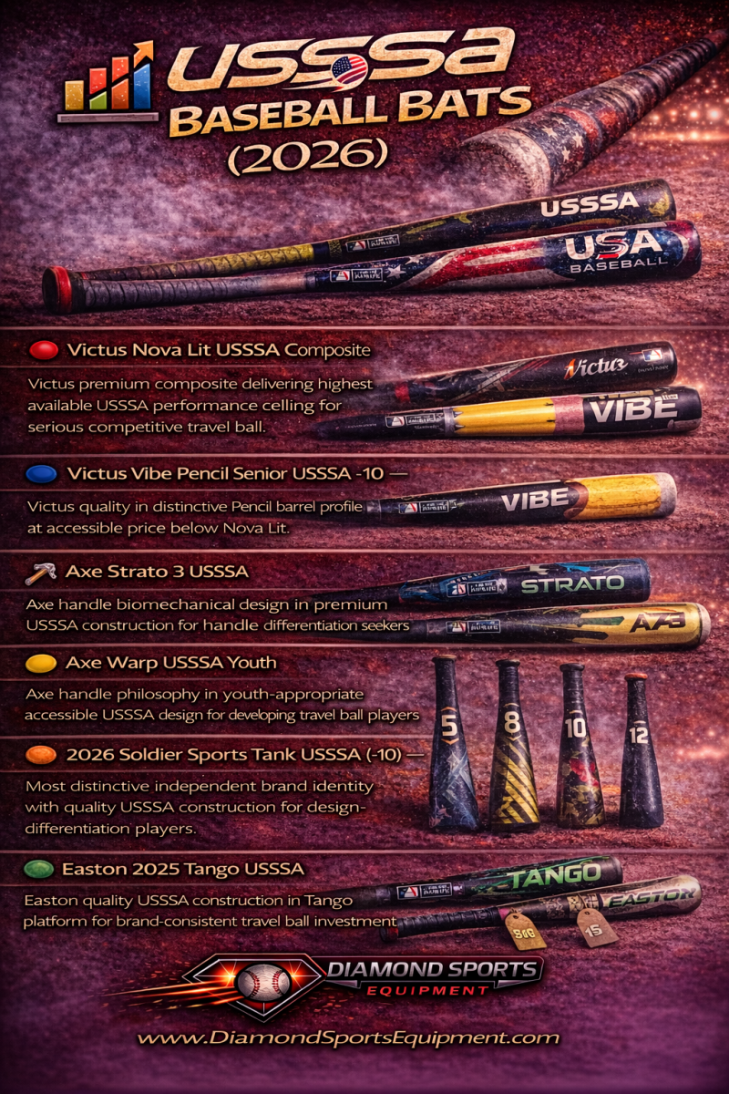 Best USSSA baseball bats featuring Victus Nova Lit, Victus Vibe Pencil, Axe Strato 3, Axe Warp Youth, Soldier Sports Tank, and Easton Tango.