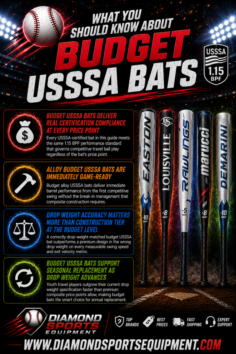 Easton, Louisville Slugger, Rawlings, Marucci, and DeMarini budget USSSA bats featured in the Budget USSSA Bats infographic.
