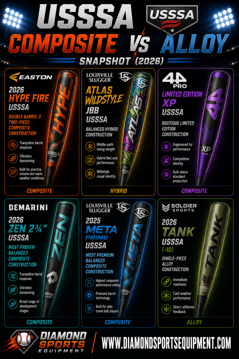 USSSA composite vs alloy bat snapshot featuring Easton Hype Fire USSSA, Louisville Slugger Atlas Wildstyle JBB USSSA, 44 Pro Limited Edition XP USSSA, DeMarini Zen USSSA, Louisville Slugger Meta Prime USSSA, and Soldier Sports Tank USSSA baseball bats.