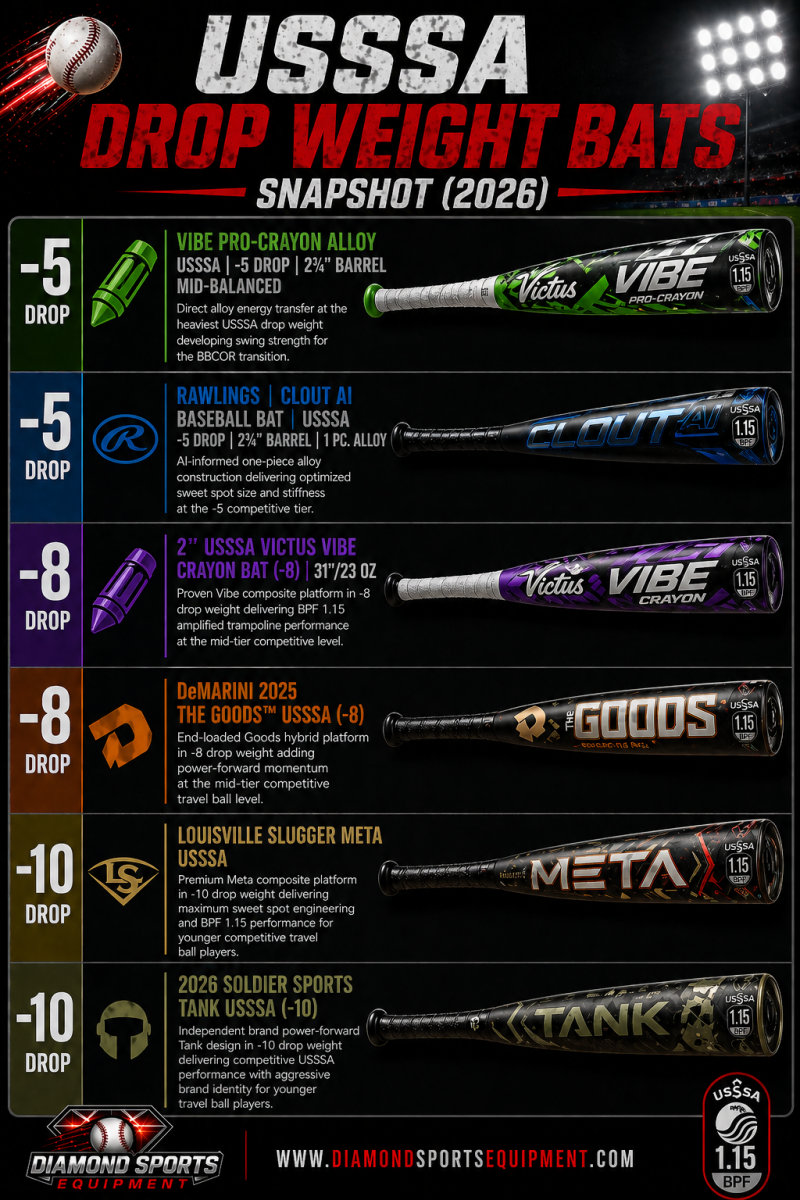 USSSA drop weight bats snapshot infographic showing six bats across -5, -8, and -10 categories with product names and Diamond Sports Equipment branding.