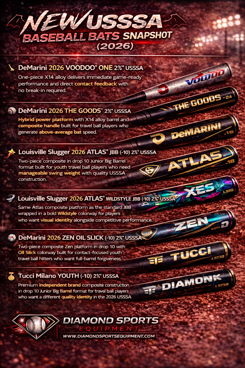 USSSA baseball bat snapshot comparison infographic featuring six 2026 USSSA baseball bats including DeMarini Voodoo One, DeMarini The Goods, Louisville Slugger Atlas JBB, Louisville Slugger Atlas Wildstyle, DeMarini Zen Oil Slick, and Tucci Milano Youth