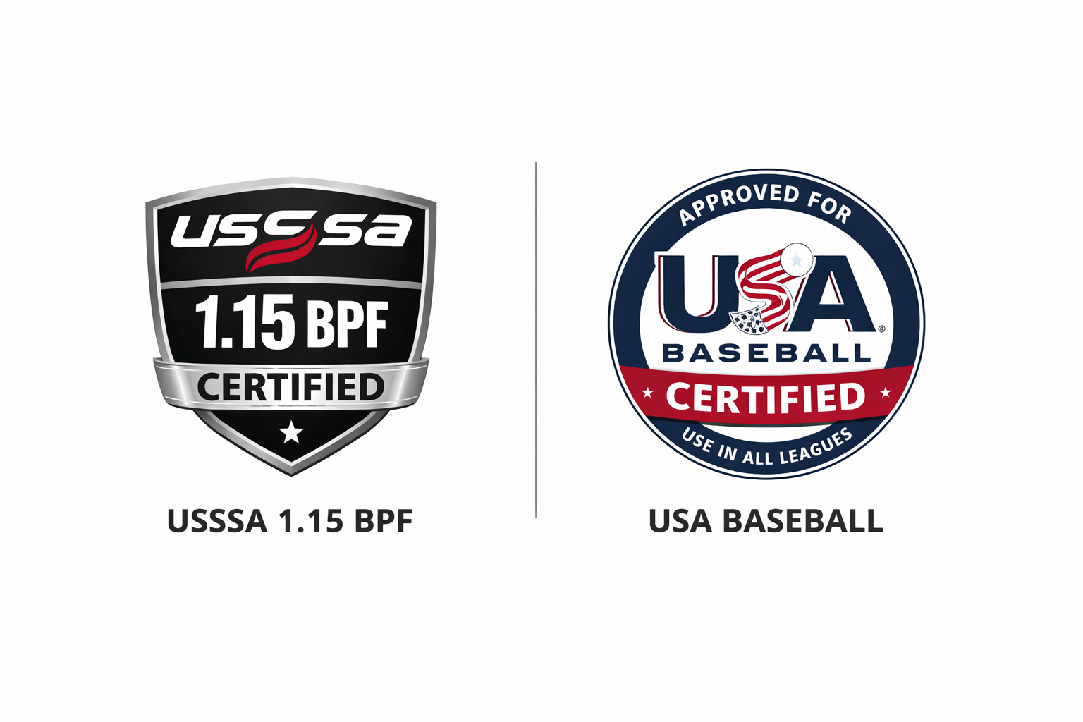 Comparison image of USSSA 1.15 BPF and USA Baseball certification stamps used to identify legal league bats.